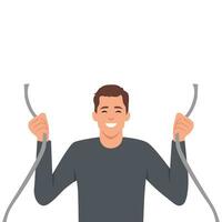 Eror 404 with sad man holding broken wire in hands and having trouble accessing internet site. Guy with damaged network cable symbolizing web error. vector