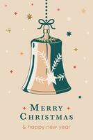 Merry Christmas greeting card with vintage Christmas bell decoration. Illustration in retro style design with golden glitter stars. Party invitation. Xmas postcard with tree toy decoration. vector