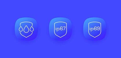 ip67, ip69, waterproof and water resistance line vector icons