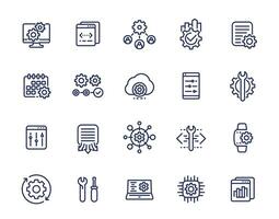 development, operation, hardware and protocols line icons set vector