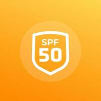 SPF 50 icon with a shield, UV protection vector