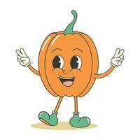 Retro groovy cute pumpkin character. Retro mascot sticker. Autumn fall garden concept.