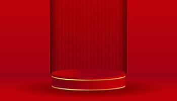 Abstract realistic 3D red cylinder pedestal podium with red perspective stripes vector