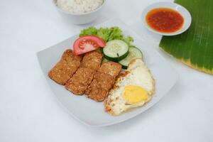 Fried tempeh cutlet with rice and fried egg on white plate photo