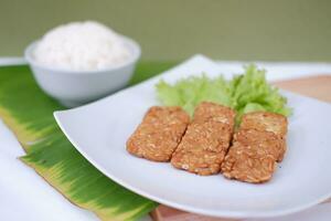 Fried tofu with rice on white dish and green leaf background. photo