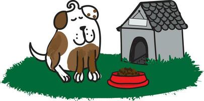 Cartoon dog sitting outside doghouse with red food bowl and green grass vector