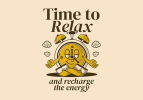 Time to relax and recharge energy, alarm clock mascot character in meditation pose vector