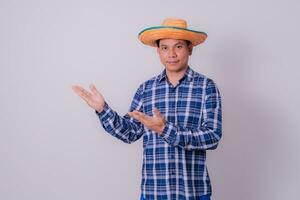 asiático granjero vistiendo a rayas camisa foto
