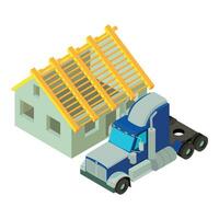construcción trabajo icono isométrica vector. semi remolque camión y inconcluso casa vector