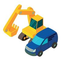 Building site icon isometric vector. Crawler excavator near blue automobile icon vector