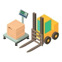 Load operation icon isometric vector. Electro floor scale and warehouse forklift vector