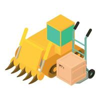 Building concept icon isometric vector. Bulldozer and postal parcel on handcart vector