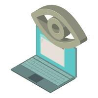 Laptop icon isometric vector. Modern laptop and large opened human eye icon vector