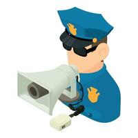 Policeman speech icon isometric vector. Policeman character with loudspeaker vector