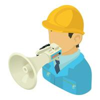 Contractor speech icon isometric vector. Contractor character with loudspeaker vector