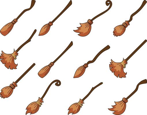 Witch brooms. Magic halloween broomstick, wizard broom and old wooden clean tool for housework cartoon vector set of magic broom illustration