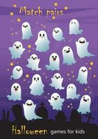 Halloween set, puzzle for children. Illustration, find a pair for each ghost. Cute ghosts scattered across the sky and are looking for a couple. The development of logic and attention in preschoolers vector