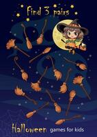 Halloween set, puzzle for children. Illustration, find 3 pairs of identical panicles. The cute little witch has lost her broom. The development of logic and attention in preschoolers. Ready to print vector