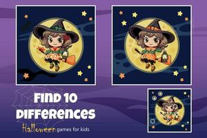 Halloween set, puzzle for children. Illustration, find 10 differences. A cute little witch flies on a broomstick at night. The development of logic and attention in preschoolers. Ready to print vector