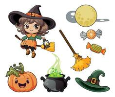 Halloween elements set With witch, moon and potion cauldron, witch's broom, hat, candies, funny pumpkins. Perfect for scrapbooking, greeting card, party invitation, poster, tag, sticker set vector