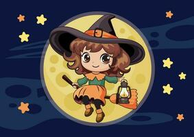 Happy Halloween witch flat vector illustration. A cute witch flies on a broom against the background of the moon and the dark sky, a character for a children's illustration.