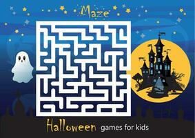 Halloween set, puzzle for children. haunted maze, help the ghost get to the castle. The development of logic and attention in preschoolers. interesting entertainment for children vector