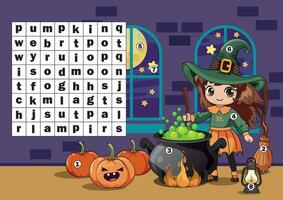 Halloween set, puzzle for children. Crossword, find the words. Cute little witch brews a potion in a pot in the castle. The development of logic and attention in preschoolers. Ready to print vector