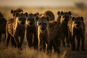 un rebaño de hienas en el antecedentes de el africano sabana, caliente día, animales de África. ai generativo foto