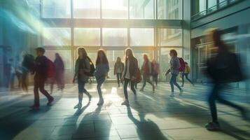 blurred group of young students going to class in fast movement.ai generative photo