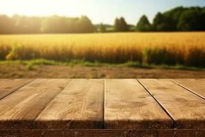 Empty wooden table on farm background, harvest concept. ai generative photo