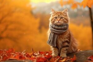 cute cat in a hat and scarf on an autumn background. ai generative photo