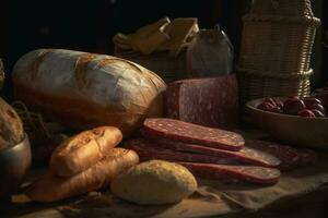 salami rebanadas en un de madera mesa. país estilo. ai generativo foto