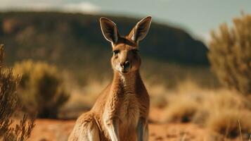 canguro en el antecedentes de australiano naturaleza, caliente día, animales de Australia. ai generativo foto
