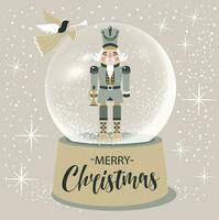 Christmas Nutcracker in snow glass globe Vector Illustration on Light Background.