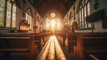 The sun shines through the windows of a church.ai generative photo