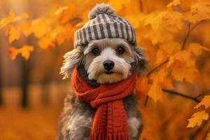 linda perro en un sombrero y bufanda en un otoño fondo.ai generativo foto