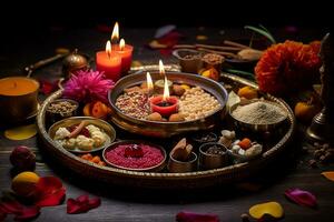 Beautifully decorated Pooja Thali for diwali worship celebration, having Indian sweets, lamp, flower. ai generative photo