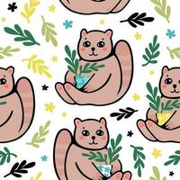 A cute cat sits and holds a pot with a plant in its paws. Gardener cat. Vector baby illustration. Seamless pattern.