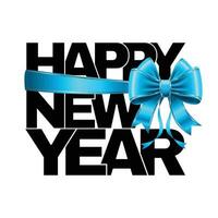 Happy New Year inscription with a voluminous blue bow. Vector illustration.