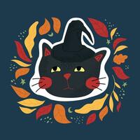 linda pegatina con un gato en un sombrero para Víspera de Todos los Santos. otoño ilustración con hojas. vector