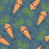 Seamless pattern with cute kawaii carrots. Childish funny vector illustration for fabric, wallpaper, and background.