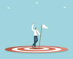 Choose winning strategy and achieve high results and success, accuracy in completing tasks, achieving ultimate goal, search for new opportunities for business, man with flag in target of darts board. vector