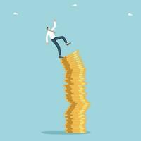 Loss of money, profit from investments and deposits, decrease in business value, financial or economic collapse, defeat or failure in foreign exchange market, man falls from falling stack of coins. vector