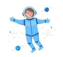 Astronaut Cartoon Character in Outer Space Suit. Astronaut kid. Cartoon Boy Wearing Astronaut Costume. Vector Illustration.