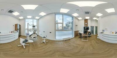 full hdri 360 panorama in surgeon orthopedist therapist cabinet dental clinic with modern equipment in office in equirectangular projection, VR content photo