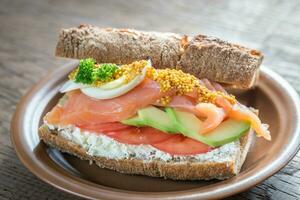 Sandwich with salmon, avocado and eggs photo