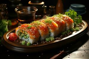 fresh tasty sushi on a wooden tray in a restaurant. ai generative photo