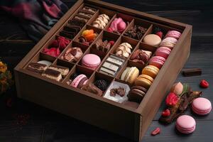 wooden box with different types of sweets and pastries. ai generative photo