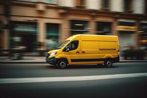 un amarillo entrega camioneta unidades rápido mediante el ciudad. logística y entrega concepto.ai generativo foto