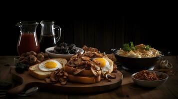 frito huevos, tocino, hongos, patatas y verduras en un oscuro antecedentes. ai generativo foto